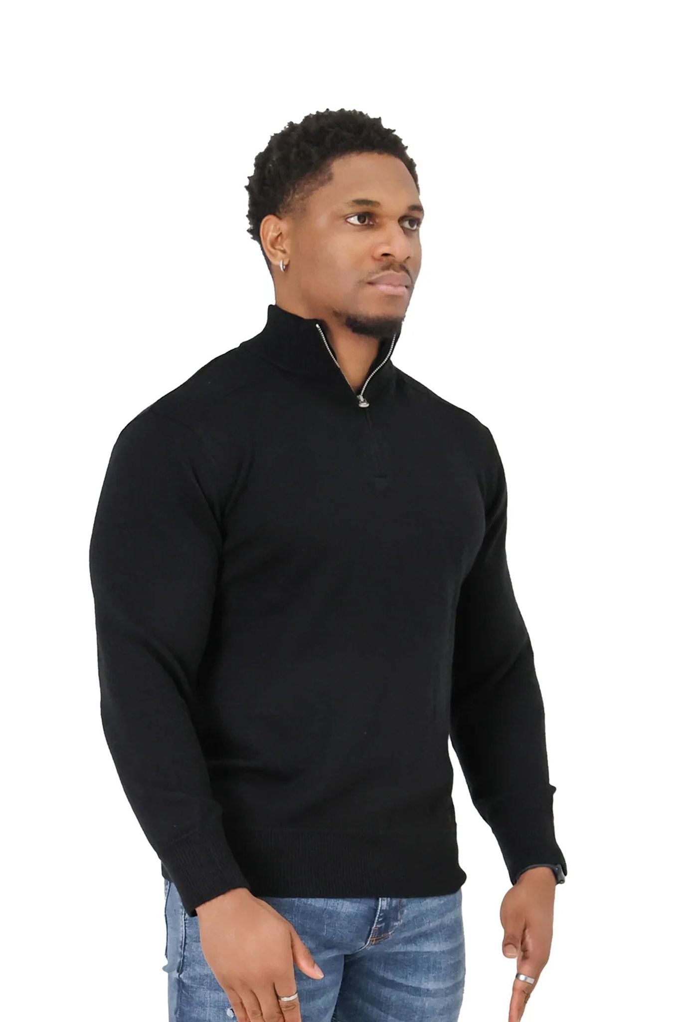 Luxury Silky Wool Knit Quarter Zip black front